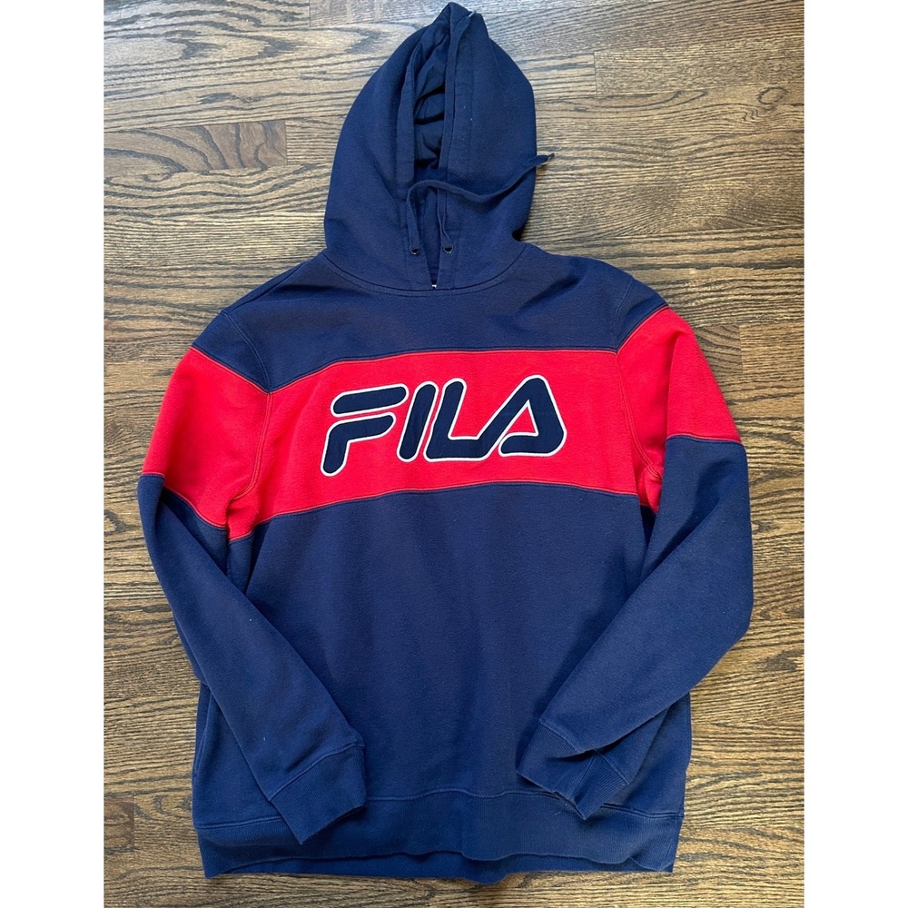 Fila Colorblock Hoodie Men XL Blue Red Embroidered Logo Streetwear Fleece Hoody